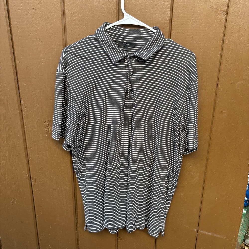 Vince Gray White Striped Polo Shirt Short Sleeve Top Casual Slub L